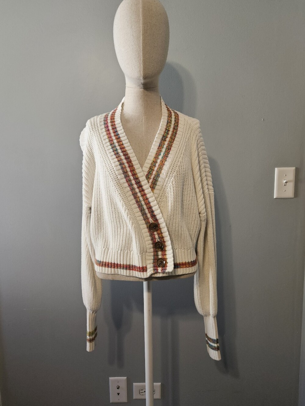 Urban Outfitters Cream Wrap Cardigan with Multicolor Stripe Trim